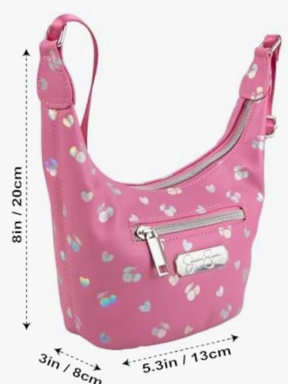 NWT pink holographic cherry-and-heart print hobo shoulder bag by Jessica Simpson